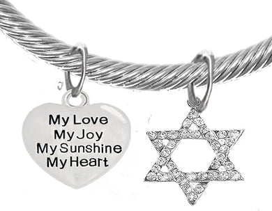 Jewish, My Love, My Joy, My Sunshine, My Heart, On A Heart, and A Crystal Star of David, Silvertone Bracelet with Crystal Ends, Hypoallergenic, Safe-Nickel, Lead, and Cadmium Free