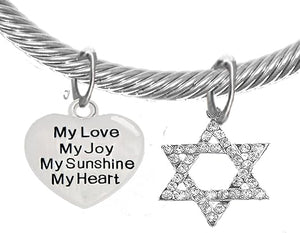Jewish, My Love, My Joy, My Sunshine, My Heart, On A Heart, and A Crystal Star of David, Silvertone Bracelet with Crystal Ends, Hypoallergenic, Safe-Nickel, Lead, and Cadmium Free