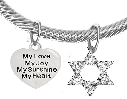 Jewish, My Love, My Joy, My Sunshine, My Heart, On A Heart, and A Crystal Star of David, Silvertone Bracelet with Crystal Ends, Hypoallergenic, Safe-Nickel, Lead, and Cadmium Free