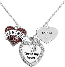Marine Mom, “Key to My Heart, Crystal Mom Heart Charm Necklace, Hypoallergenic, Safe-Nickel, Lead, Free
