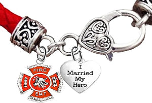 EMT Firefighter's I Married My Hero, Fire Department Charm, On Genuine Red Leather Bracelet, Hypoallergenic Safe-Nickel, Lead And Cadmium Free
