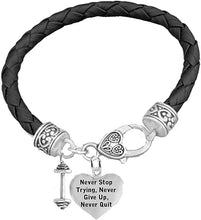 Weightlifters Dumbbell, Never Stop Trying, Never Give Up, Never Quit,Heart, On A Black Woven Leather Bracelet, Hypoallergenic - Nickel, Lead, And Poisonous Cadmium Free