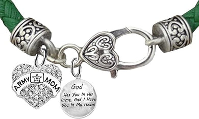 Army Mom, God Has You in His Arms, and I Have You in My Heart, On A Genuine Green Leather Bracelet, Hypoallergenic Safe, No Nickel, Lead, Or Poisonous Cadmium in Bracelet