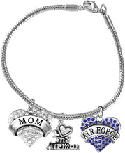 Air Force Mom, Crystal I Love My Airman, Licensed Air Force Charm, Snake Chain Bracelet, Hypoallergenic, Safe-Nickel, Lead, Cadmium Free
