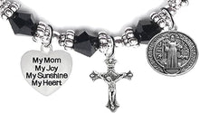 Saint Benedict Protective Charm, My Mom, My Joy, My Sunshine, My Heart, and Prayer, Protect Me from Harm, from Evil, Hypoallergenic Black Crystal Bracelet, Nickel, Lead, Cadmium Free