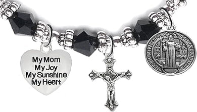 Saint Benedict Protective Charm, My Mom, My Joy, My Sunshine, My Heart, and Prayer, Protect Me from Harm, from Evil, Hypoallergenic Black Crystal Bracelet, Nickel, Lead, Cadmium Free