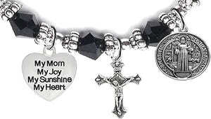 Saint Benedict Protective Charm, My Mom, My Joy, My Sunshine, My Heart, and Prayer, Protect Me from Harm, from Evil, Hypoallergenic Black Crystal Bracelet, Nickel, Lead, Cadmium Free