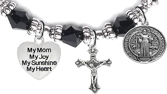Saint Benedict Protective Charm, My Mom, My Joy, My Sunshine, My Heart, and Prayer, Protect Me from Harm, from Evil, Hypoallergenic Black Crystal Bracelet, Nickel, Lead, Cadmium Free