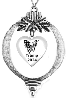 Trump American flag Eagle, TRUMP 2024, Silvertone Heart In A Tree Ornament, With Tree Attachment, What A Great Gift For Yourself, Or Someone Special. Wonderful Donor Gift.