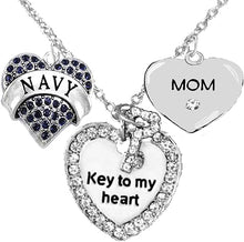 Navy Mom, Key to My Heart, Crystal Mom Heart Charm Necklace, Hypoallergenic, Safe-Nickel, Lead, Free