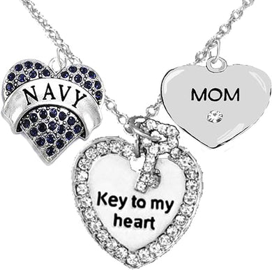 Navy Mom, Key to My Heart, Crystal Mom Heart Charm Necklace, Hypoallergenic, Safe-Nickel, Lead, Free