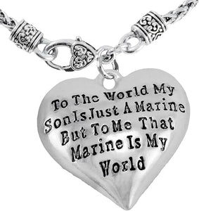 Marine Mom, My Son, is My World Necklace, Hypoallergenic, Safe- Nickel, Lead and Cadmium Free