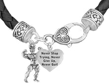 Weightlifters Front Double Bicep Pose, "Never Stop Trying , Never Give Up, Never Quit" ,Heart, On A Black Woven Leather Bracelet, Hypoallergenic - Nickel, Lead, And Poisonous Cadmium Free