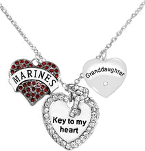Marine Granddaughter, Key to My Heart, Crystal Granddaughter Heart Charm Necklace, Hypoallergenic, Safe-Nickel, Lead, Free