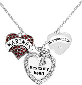 Marine Granddaughter, Key to My Heart, Crystal Granddaughter Heart Charm Necklace, Hypoallergenic, Safe-Nickel, Lead, Free