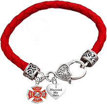 EMT Firefighter's I Married My Hero, Fire Department Charm, On Genuine Red Leather Bracelet, Hypoallergenic Safe-Nickel, Lead And Cadmium Free
