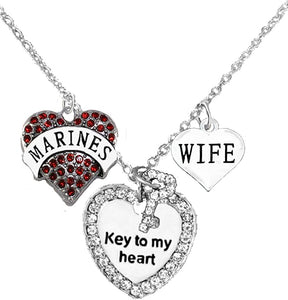 Marine Wife, “Key to My Heart, Wife Heart Charm Necklace, Hypoallergenic, Safe-Nickel, Lead, Free