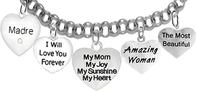 Mom,Madre,Crystal Heart Madre, I Will Love You Forever, My Mom, My Joy, My Sunshine, My Heart, Amazing Woman, The Most Beautiful, Adjustable, Hypoallergenic Safe- No Nickel. Lead, Or Poisonous Cadmium