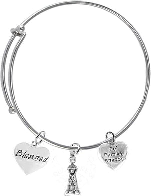 Quinceañera Gown, Quince Circle, Blessed, Familia, Fe, Amigos, On A Adjustable Miracle Wire Bracelet, Hypoallergenic, Safe-No Nickel, No Lead And No Poisonous Cadmium In Metal