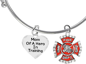 Firefighter, Mom Of A Hero In Training, Fire Department Charm, On A Adjustable Miracle Wire Bracelet, Hypoallergenic Safe-Nickel, Lead And Cadmium Free
