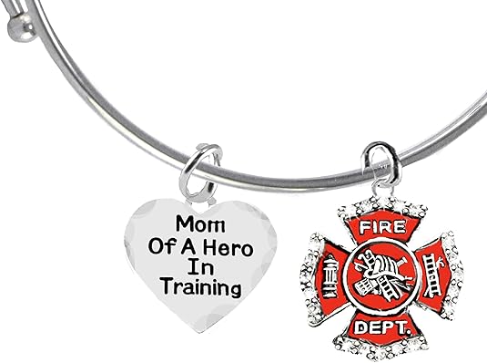 Firefighter, Mom Of A Hero In Training, Fire Department Charm, On A Adjustable Miracle Wire Bracelet, Hypoallergenic Safe-Nickel, Lead And Cadmium Free