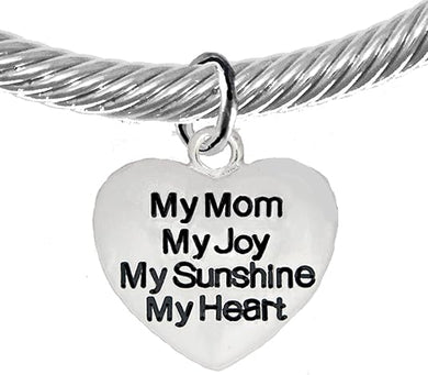 Message Bracelet, My Mom, My Joy, My Sunshine, My Heart, Breathtaking Adjustable Silver Cable Cuff Bracelet, Hypoallergenic, Safe-Nickel, Lead, Cadmium Free