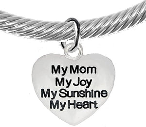 Message Bracelet, My Mom, My Joy, My Sunshine, My Heart, Breathtaking Adjustable Silver Cable Cuff Bracelet, Hypoallergenic, Safe-Nickel, Lead, Cadmium Free