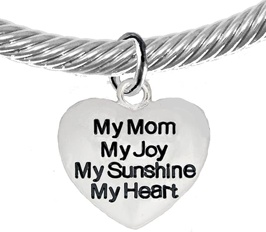 Message Bracelet, My Mom, My Joy, My Sunshine, My Heart, Breathtaking Adjustable Silver Cable Cuff Bracelet, Hypoallergenic, Safe-Nickel, Lead, Cadmium Free