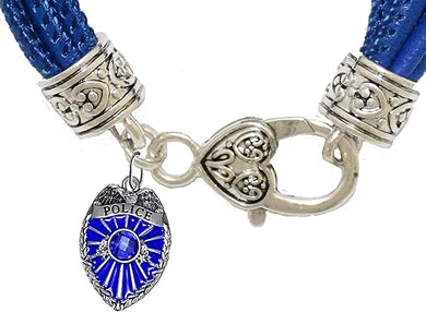 Policeman's Badge Charm On A Blue Leather Bracelet, Hypoallergenic, Safe-No Nickel, Lead,or Cadmimum