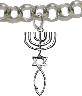 Messianic Seal of Jerusalem with Menorah, Star of David, Christian Fish (Ichthys) On A Adjustable Rolo Chain Bracelet, Hypoallergenic, Safe-Nickel, Lead, Cadmium Free