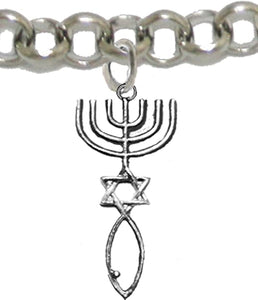 Messianic Seal of Jerusalem with Menorah, Star of David, Christian Fish (Ichthys) On A Adjustable Rolo Chain Bracelet, Hypoallergenic, Safe-Nickel, Lead, Cadmium Free