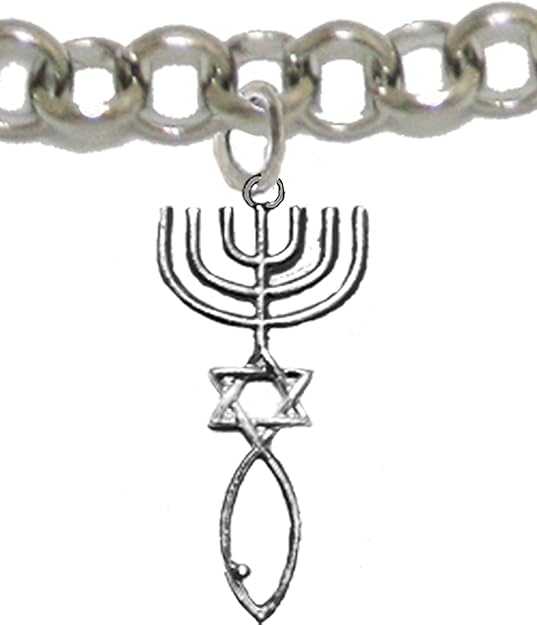 Messianic Seal of Jerusalem with Menorah, Star of David, Christian Fish (Ichthys) On A Adjustable Rolo Chain Bracelet, Hypoallergenic, Safe-Nickel, Lead, Cadmium Free