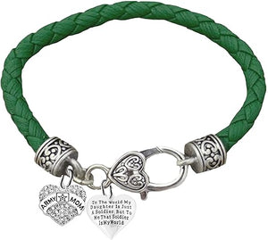 Army Mom, To The World My Daughter Is Just A Soldier, But To Me That Soldier Is My World, On A Genuine Green Leather Bracelet, Hypoallergenic Safe, No Nickel, Lead, Or Poisonous Cadmium.