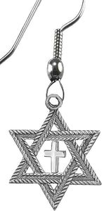 Messianic Christian Jewish Antique Silvertone Star Of David,With Polished Silvertone Cross On A Fishook Wire Earring, Hypoallergenic-Safe, No Nickel, Lead, Or Cadmium In The Metal. ©2023