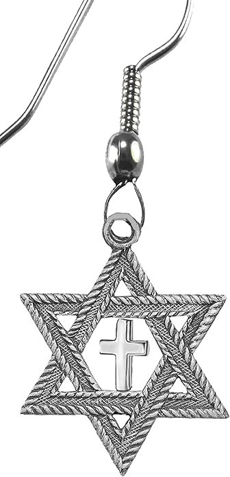 Messianic Christian Jewish Antique Silvertone Star Of David,With Polished Silvertone Cross On A Fishook Wire Earring, Hypoallergenic-Safe, No Nickel, Lead, Or Cadmium In The Metal. ©2023