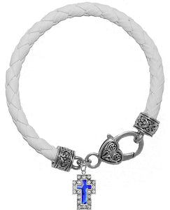 Blue Genuine Crystal Cross, On A Genuine White Leather Bracelet, Hypoallergenic, Safe-No Nickel, Lead, Or Poisonous Cadmium in Bracelet