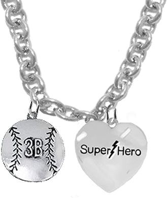 3RD Base, Softball/Baseball, Super Hero, She is/He is, Special, Sterling Silver, Solid .925 Sterling, Not Plated Or Coated,18 Inch Necklace.Charm,Nickel,Lead Free.Fast
