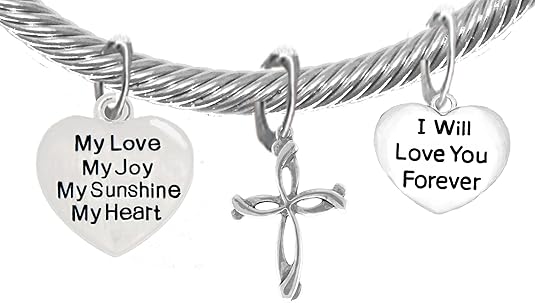 My Love, My Joy, My Sunshine, My Heart, and I Will Love You Forever, and A Contemporary Cross Charm, Adjustable Bracelet Nickle, Lead, Cadmium Free