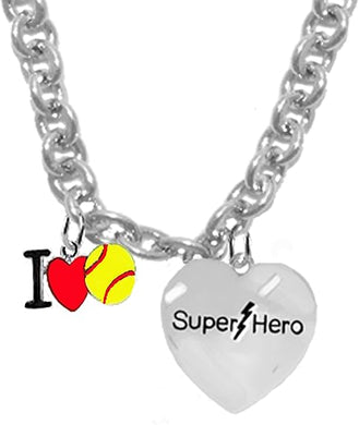 I Love Softball, Super Hero, Sterling Silver, Solid .925 Sterling, Not Plated Or Coated,18 Inch Necklace.Charm,Nickel,Lead Free.Fast
