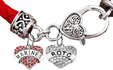 ROTC, Marine Crystal Heart, Genuine Marine Red Leather Bracelet, Hypoallergenic Safe-Nickel, Lead And Cadmium Free