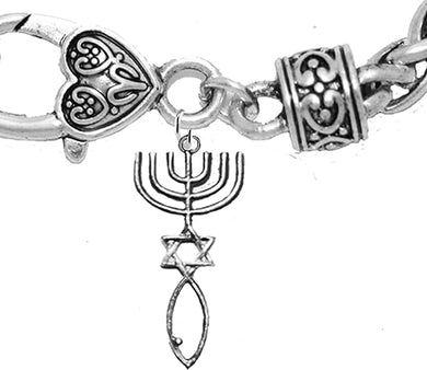 Messianic Seal of Jerusalem With Menorah, Star Of David, Christian Fish (Ichthys) On A Wheat Chain Bracelet, Hypoallergenic, Safe-Nickel, Lead, Cadmium Free