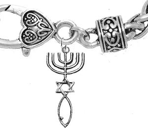 Messianic Seal of Jerusalem With Menorah, Star Of David, Christian Fish (Ichthys) On A Wheat Chain Bracelet, Hypoallergenic, Safe-Nickel, Lead, Cadmium Free