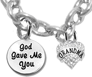 God Gave Me You, Grandma, Sterling Silver Solid .925 Sterling, Not Plated Or Coated.Cable Chain Necklace, Charm-Nickel, Lead, Cadmium Free