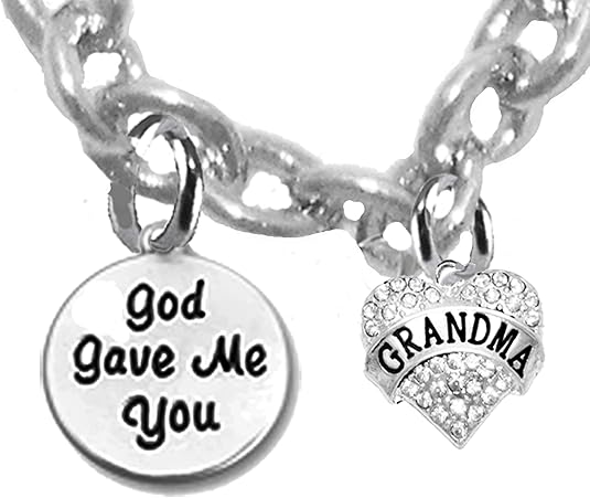 God Gave Me You, Grandma, Sterling Silver Solid .925 Sterling, Not Plated Or Coated.Cable Chain Necklace, Charm-Nickel, Lead, Cadmium Free