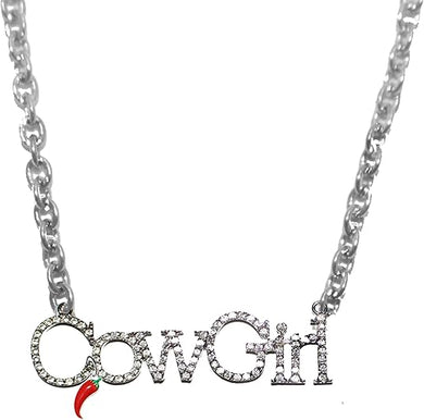 Cowgirl Necklace/Pendant Glittering Bling Plaque Marquee, With Small Jalapeno Hanging From C, Hypoallergenic-Safe. No Nickel, No Lead, No Poisonous Cadmium
