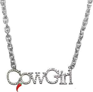 Cowgirl Necklace/Pendant Glittering Bling Plaque Marquee, With Small Jalapeno Hanging From C, Hypoallergenic-Safe. No Nickel, No Lead, No Poisonous Cadmium