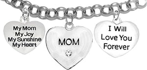Mom, "My Mom, My Joy, My Sunshine, My Heart, Crystal Mom, I will Love You Forever Bracelet, Hypoallergenic, Safe-Nickel, Lead, Free