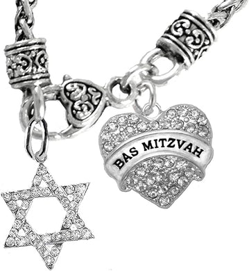 Jewish Bas Mitzvah, Beautiful Crystal Heart, Star Of David On Wheat Chain Necklace Hypoallergenic, Safe-Nickel, Lead, And Cadmium Free