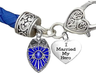 Police, I Married My Hero, Genuine Leather Bracelet, Light Blue, Hypoallergenic Safe-Nickel, Lead and Cadmium Free