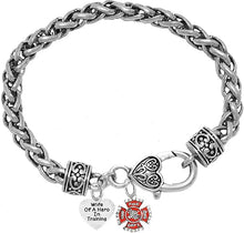 Firefighter, Wife Of A Hero In Training, Fire Department Charm, On A Antique Wheat Chain Bracelet, Hypoallergenic Safe-Nickel, Lead And Cadmium Free